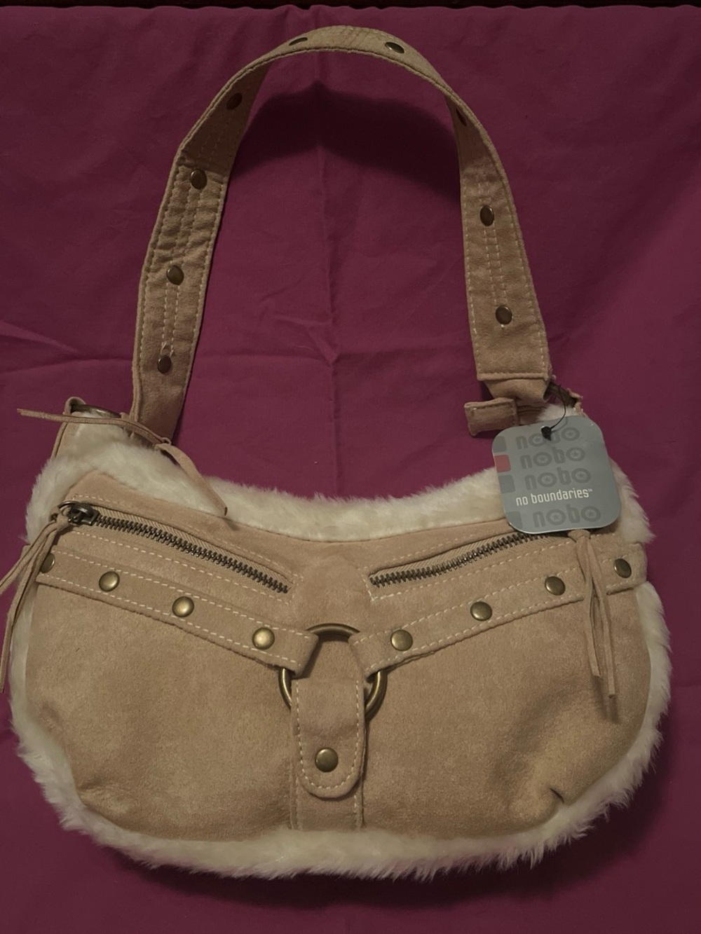 No Boundaries Tan Faux-Suede Shoulder Bag with Cream Faux-Fur Trim